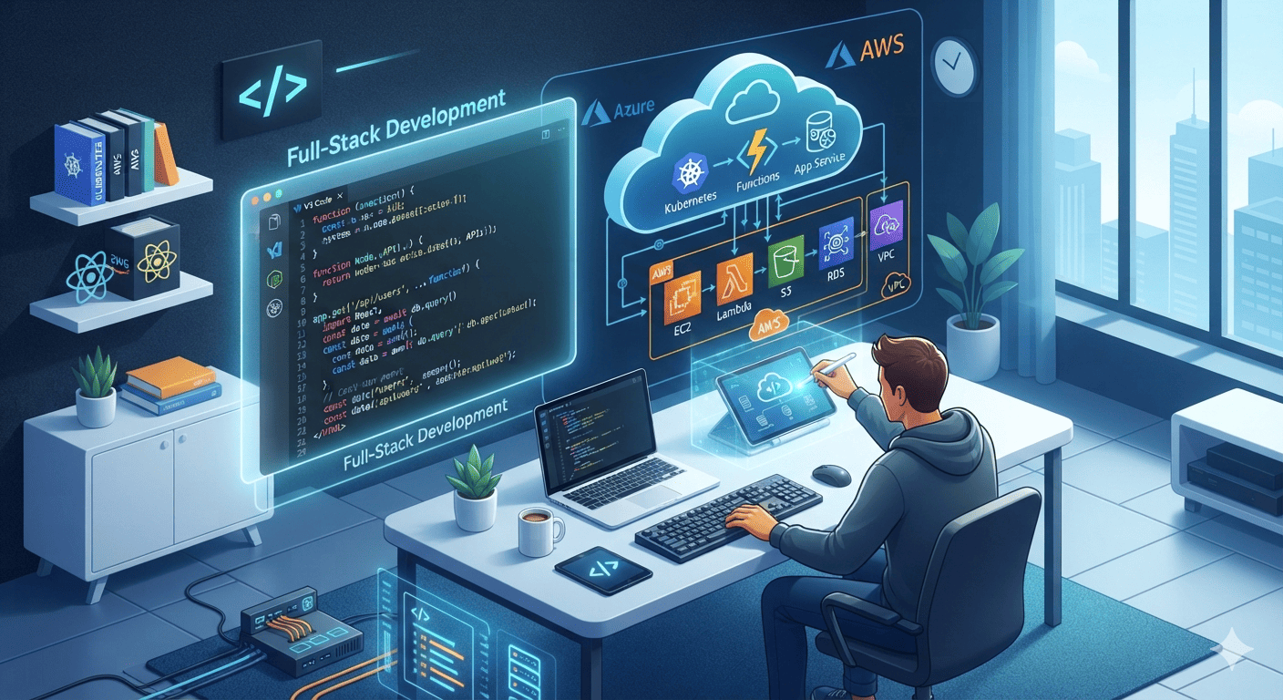 interface de code propre superposée à des schémas d'architecture cloud